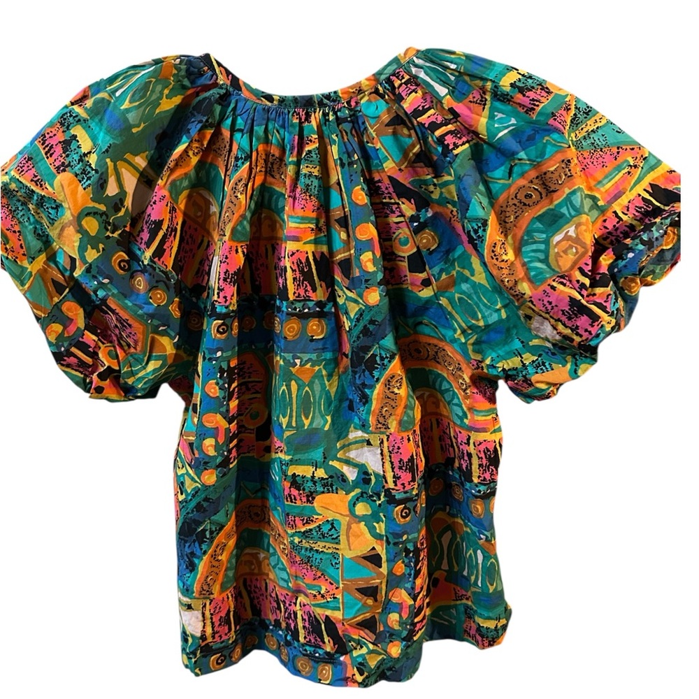 Cleobella Kai 100% Organic Cotton Puff Sleeve Tropical Print Blouse Size Small - Picture 5 of 12